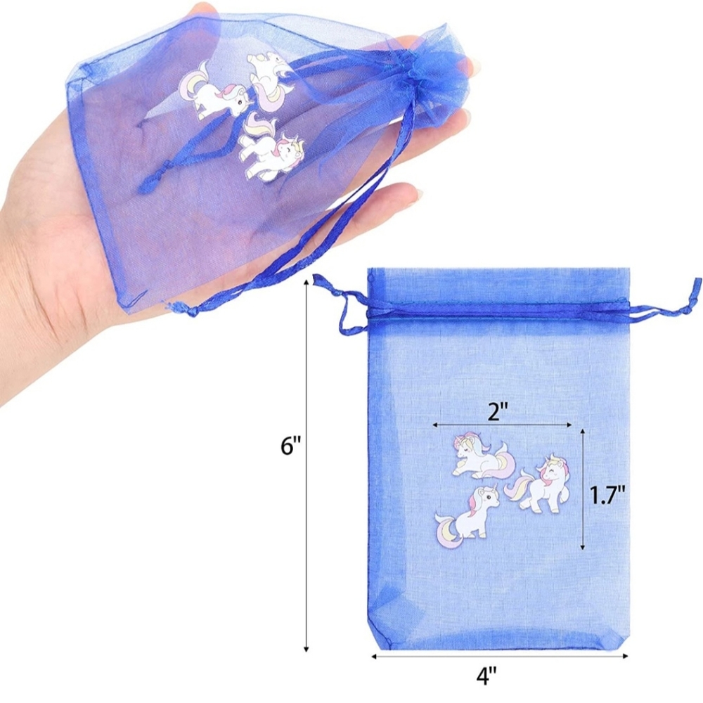15 Unicorn Design Blue 4x6 Sheer Drawstring Organza Bags